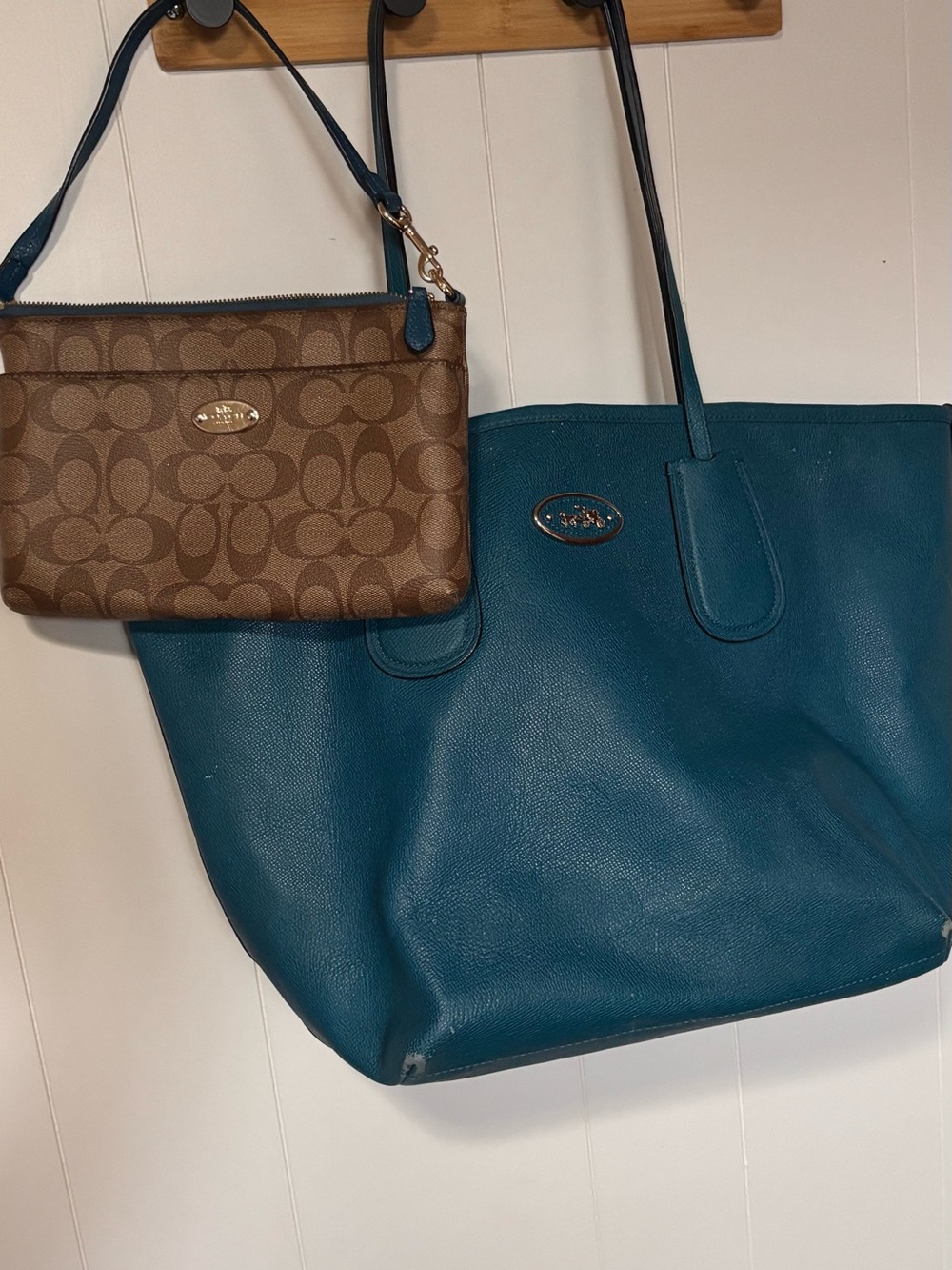 Coach Teal Leather Tote with Brown Signature Wristlet